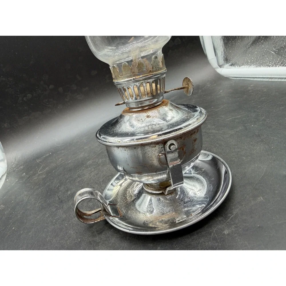 Vintage Miniature Chrome Oil Lamp with Glass Chimney Finger Hold Base